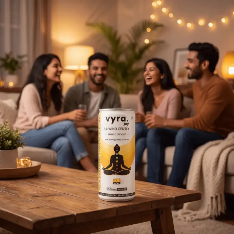 Vyra Joy Mango Groove botanical sparkling drink enjoyed in a relaxed social moment